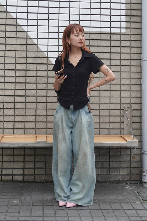 リネン混ハーフスリーブトップス